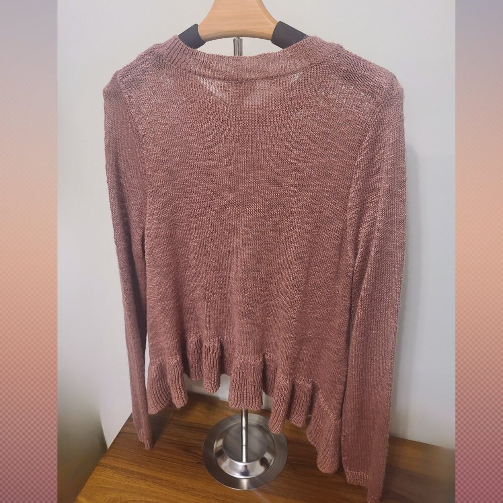 True Craft Dusty Rose Pink Open Knit Sweater – Size Large – Feminine Ruffle Hem - Picture 4 of 12